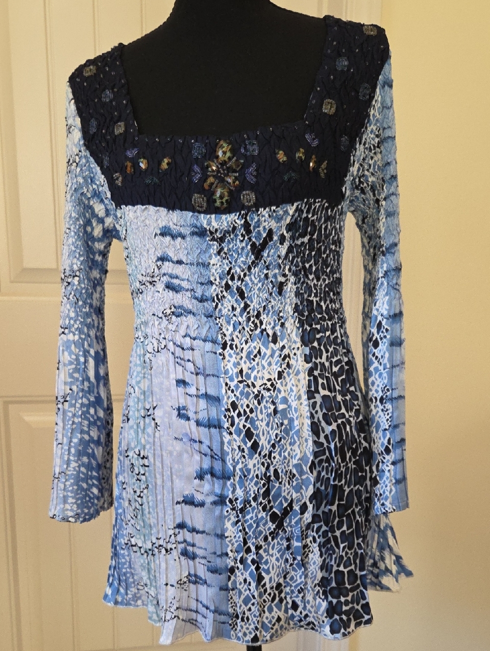 Alberto Makali Crinkle and Pleated Blouse, Beaded Embellishment, Blue, Size L